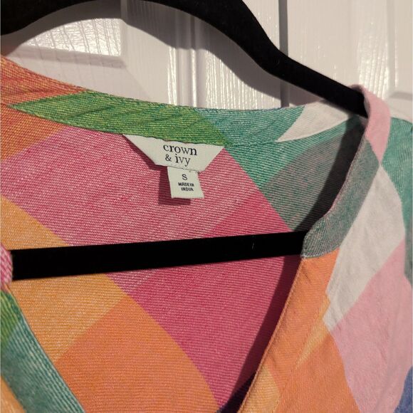 Crown & Ivy Boho Colorful Ruffle Sleeve Linen Blend Blouse Women’s Small - Picture 2 of 5